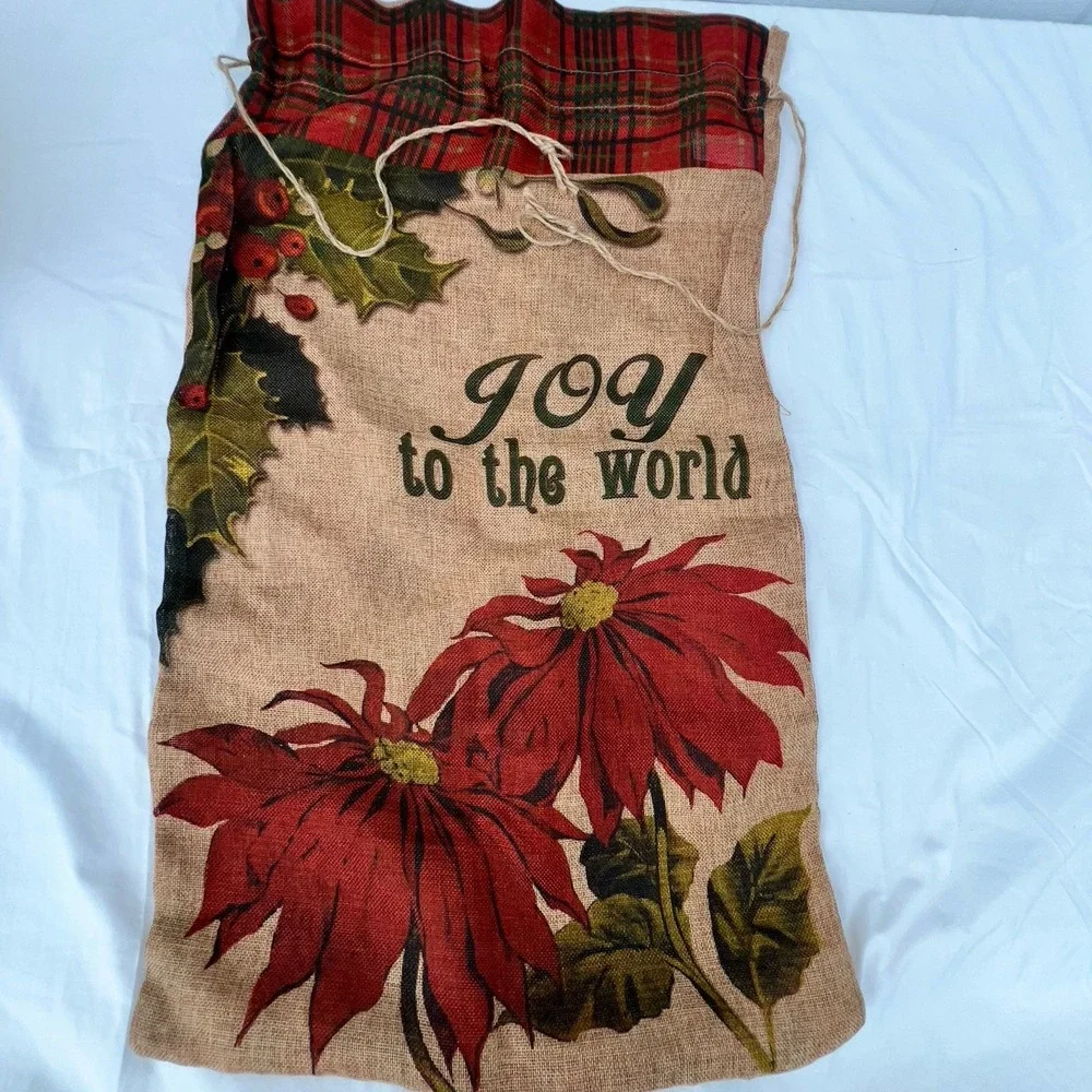 2 Vintage Jute Burlap Christmas Gift Bags Large Santa Joy Rustic Country Brown